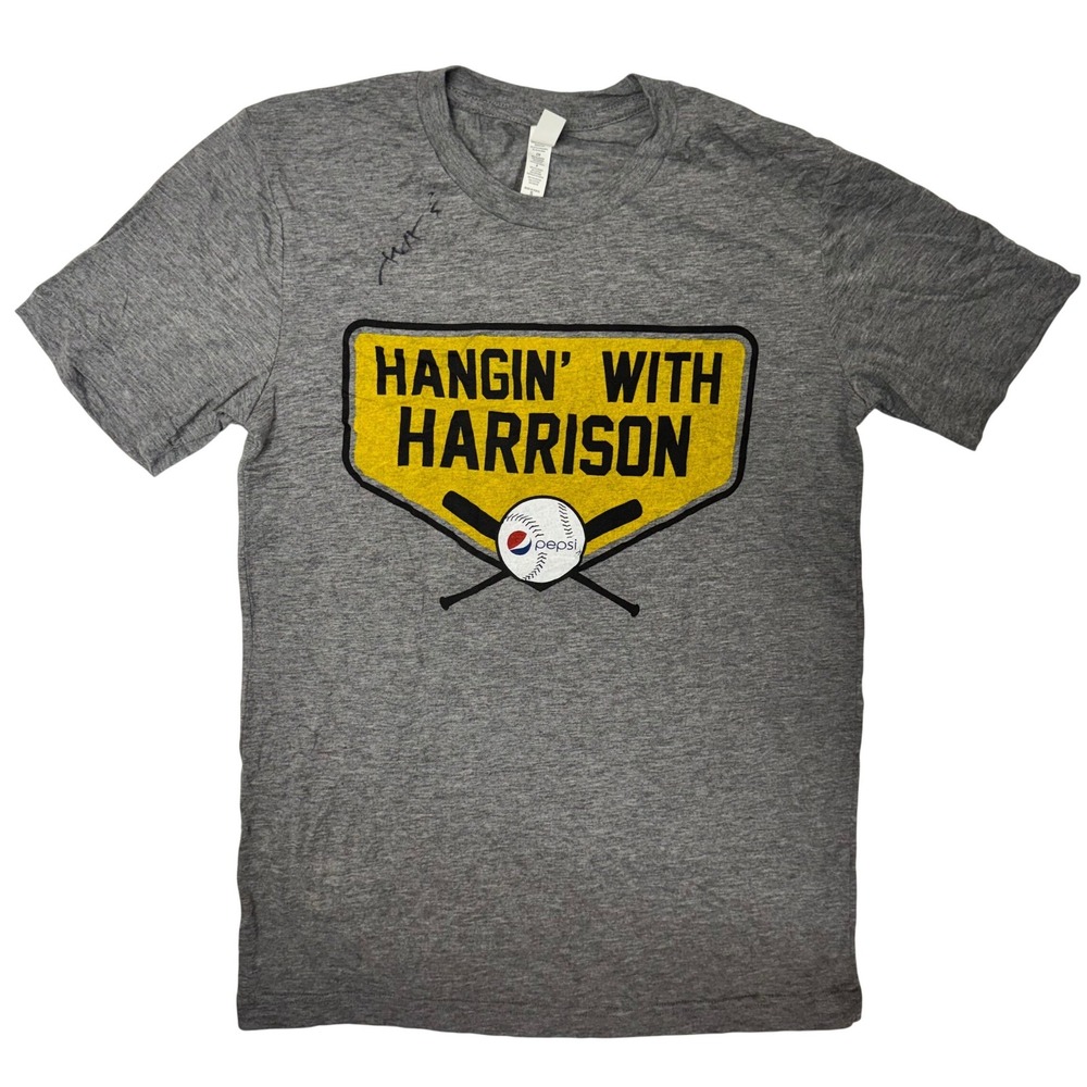 Canvas Mens Josh Harrison Autographed T-Shirt Gray Pepsi Baseball Graphic Small